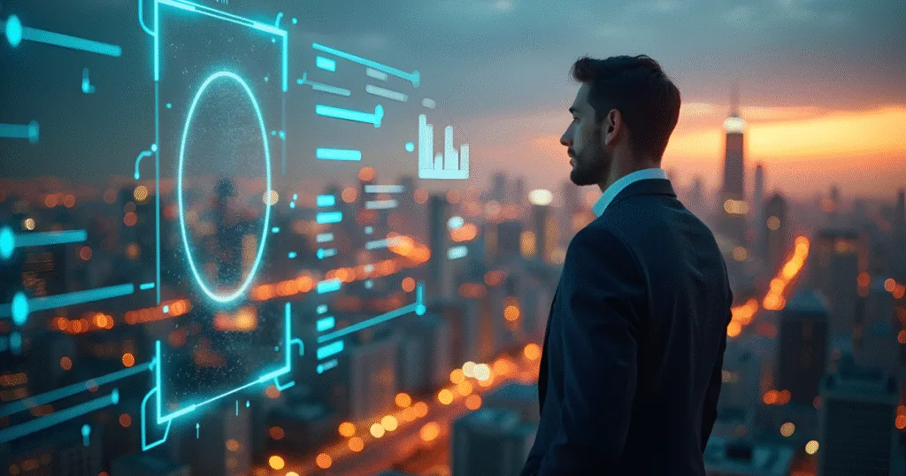 Businessman overlooking a cityscape while analysing a digital interface, symbolising a digital footprint being evaluated by AI.