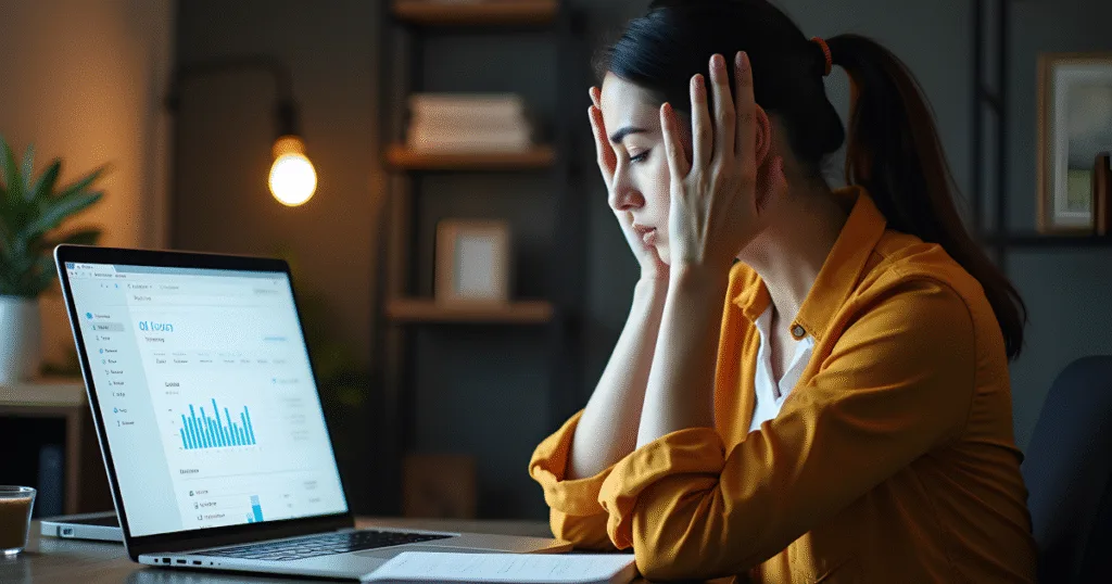 Frustrated woman looking at coaching clients data with no conversions on website