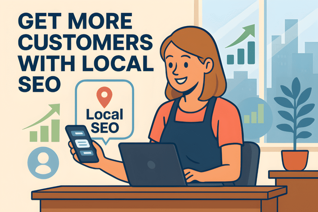 Local search engine optimisation for small businesses showing a woman using a phone with map icons, a shopfront and growth chart in a business setting