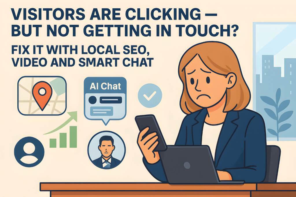 Get More Leads from your Website showing a frustrated business owner and icons for video, chat and local SEO solutions