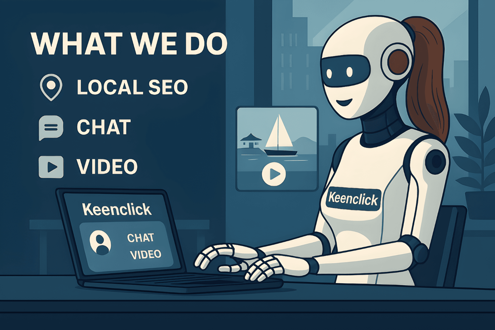 Female robot using a laptop with Keenclick branding and icons for chat, video, and local SEO