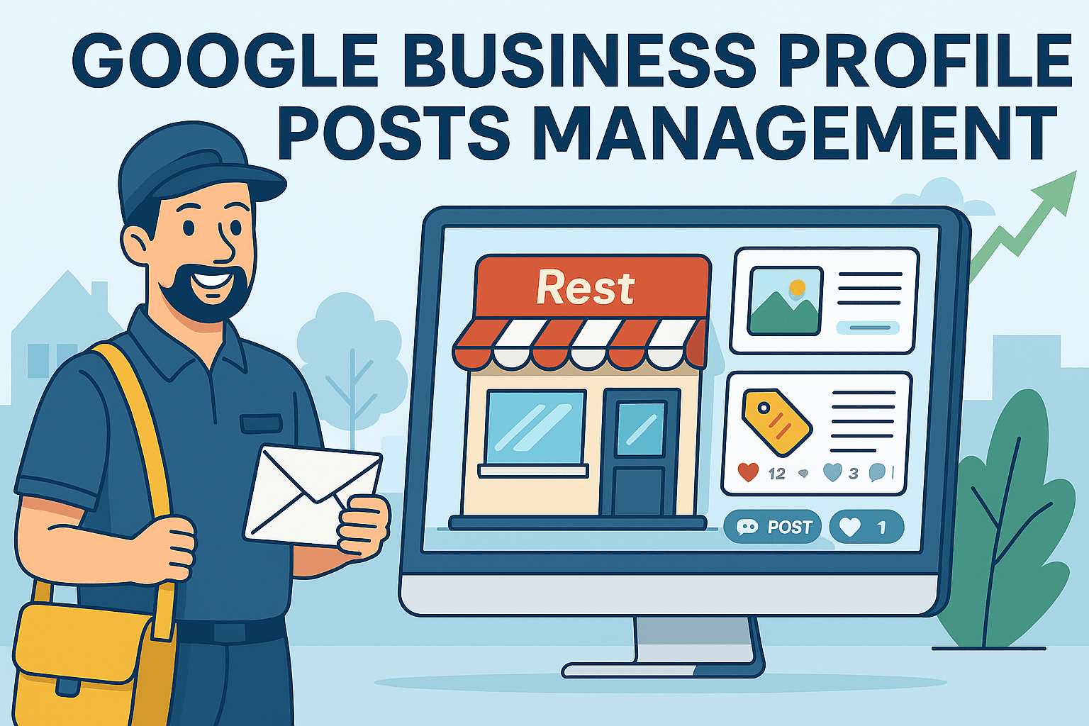 Postman holding a tablet showing Google Business Profile Posts Management dashboard with content strategy and posting schedule