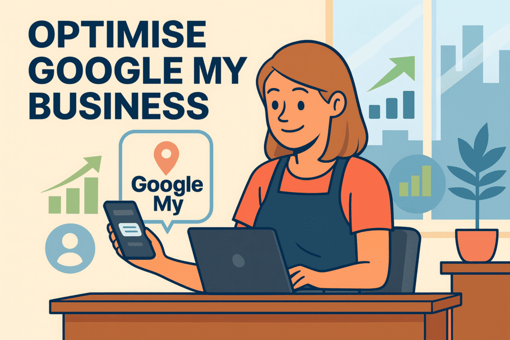 Optimising Google My Business Profile with a business owner using a laptop and phone