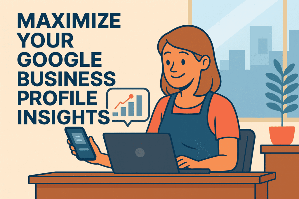 Illustration of a business owner reviewing Google Business Profile Analytics on a laptop and smartphone in an office setting