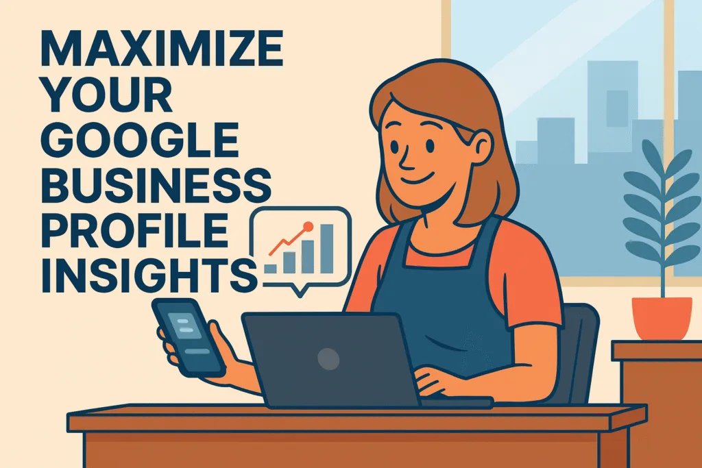 Illustration of a business owner reviewing Google Business Profile Analytics on a laptop and smartphone in an office setting