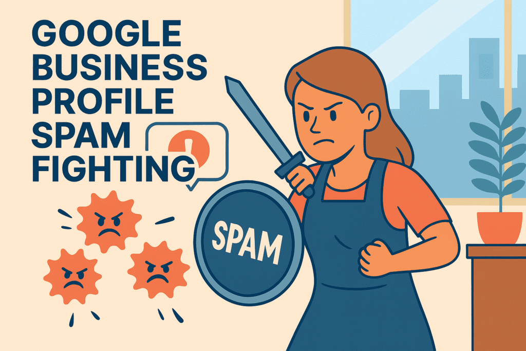 Illustration of a business owner fighting spam with a sword and shield for Google Business Profile Spam Fighting service