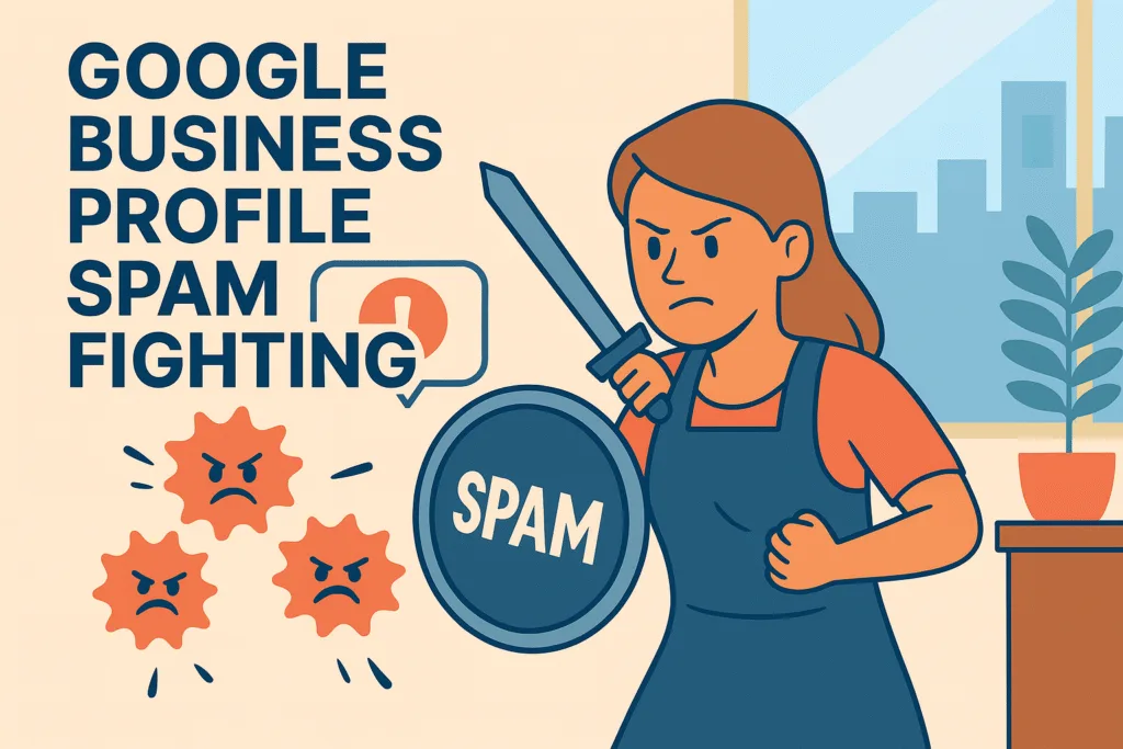 Illustration of a business owner fighting spam with a sword and shield for Google Business Profile Spam Fighting service