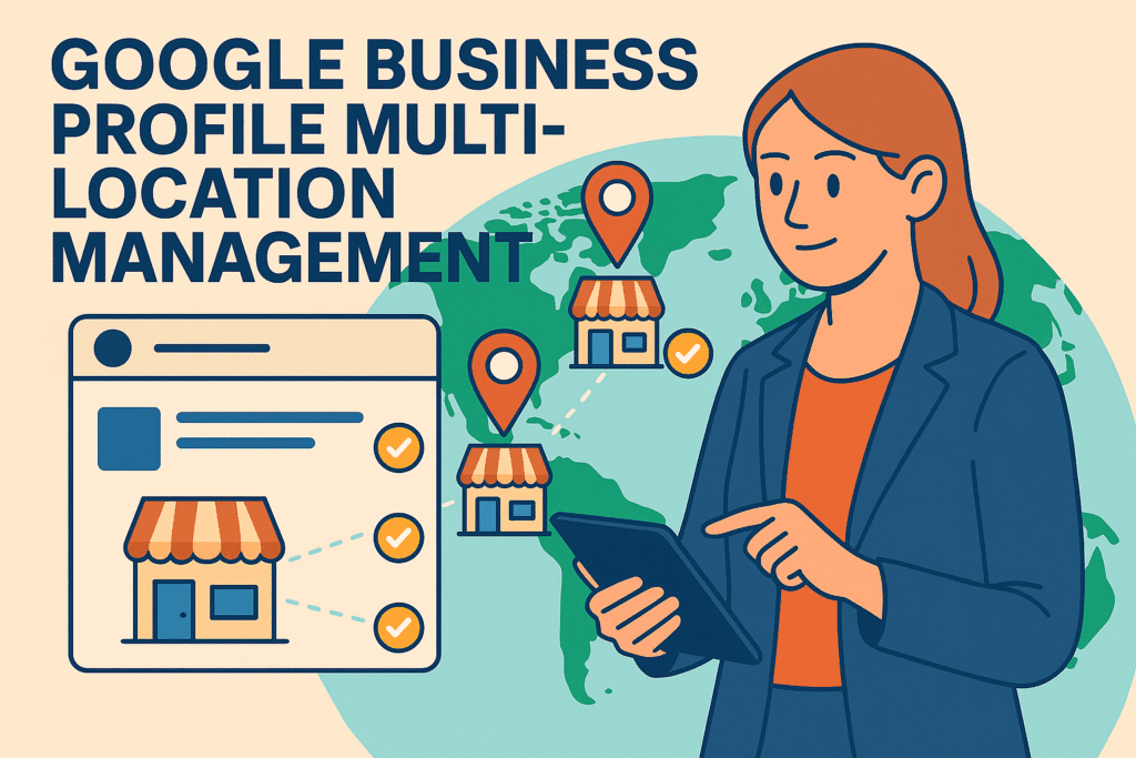 Illustration of Google Business Profile Multi-Location Management with location pins and central dashboard