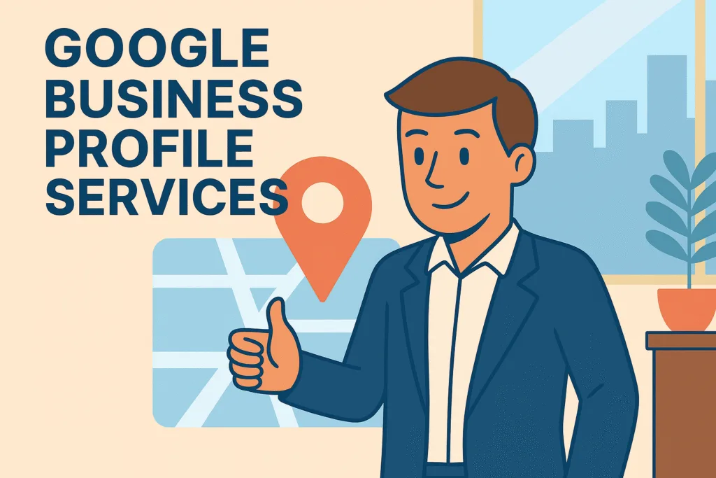 Google Business Profile Services illustration showing a business person giving a thumbs up in front of a map pin and Google Maps elements