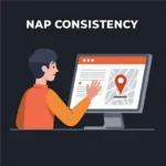 Flat illustration of a person checking NAP consistency on a computer screen with a map and location pin.