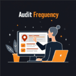 Flat illustration of a person reviewing NAP audit frequency on a computer screen with checklists and a location pin.