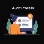 Flat illustration of a person reviewing an audit process on a computer screen with checkmarks and a location pin.