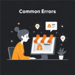 Flat illustration of a person viewing common errors on a computer screen with location icons and alert symbols.