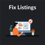 Flat illustration of a person updating business listings on a computer screen with a map and checkmark icon.