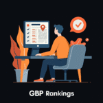 Flat illustration of a person analyzing GBP rankings on a computer with a checklist and location pin.