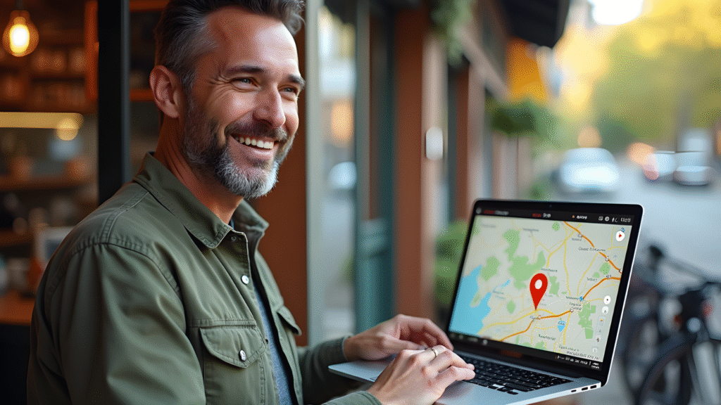 Local business owner using his laptop to get found in local search