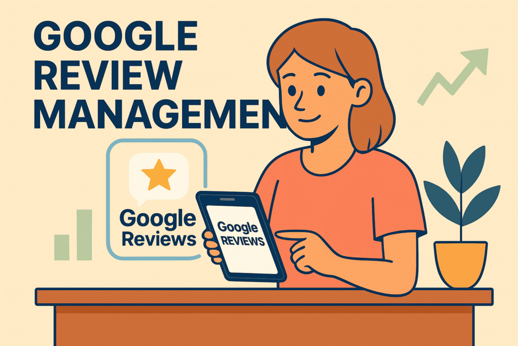 Google Review Management illustration with business owner holding tablet and growth charts in background