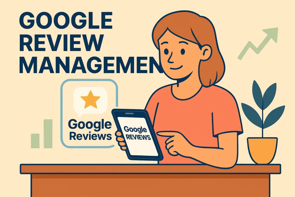 Google Review Management illustration with business owner holding tablet and growth charts in background