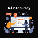 Flat illustration showing two people checking NAP accuracy on a computer screen with a map, checklist, and location pin.