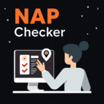 Flat illustration of a person using a NAP checker tool on a computer screen with checkmarks and a location pin.