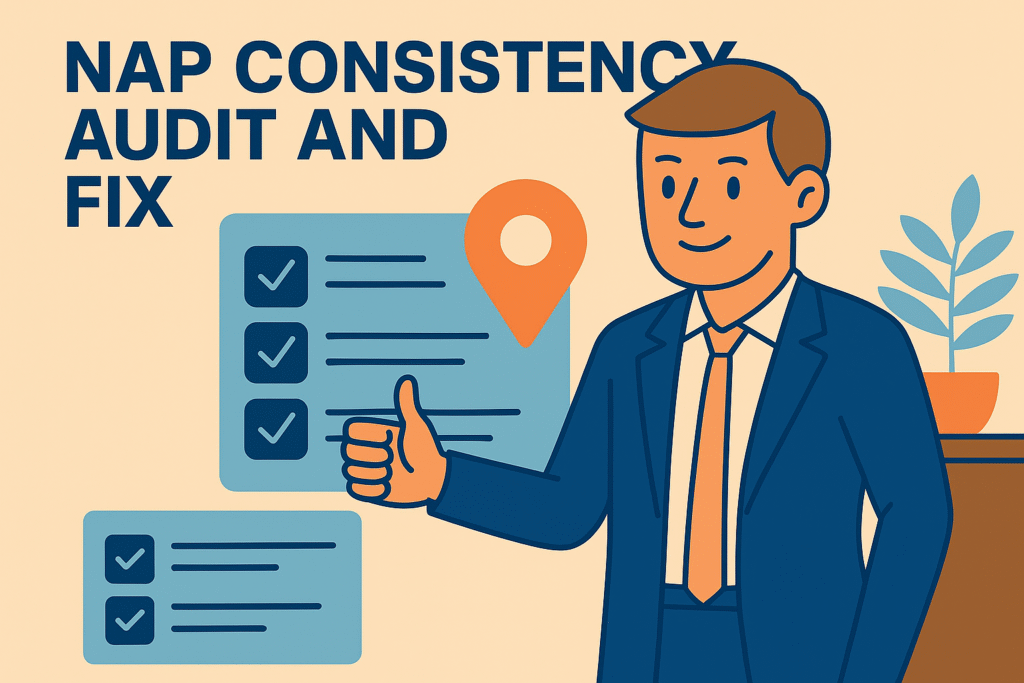 NAP Consistency Audit and Fix illustration showing a businessman with a checklist and location pin.