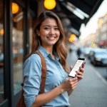 Smiling customer holding phone with Google Review Management notifications outside shop