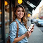 Smiling customer holding phone with Google Review Management notifications outside shop