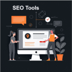 “Flat illustration of two people using SEO tools on a large computer screen with a location pin and data icons.