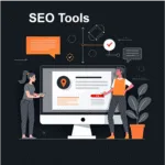 “Flat illustration of two people using SEO tools on a large computer screen with a location pin and data icons.