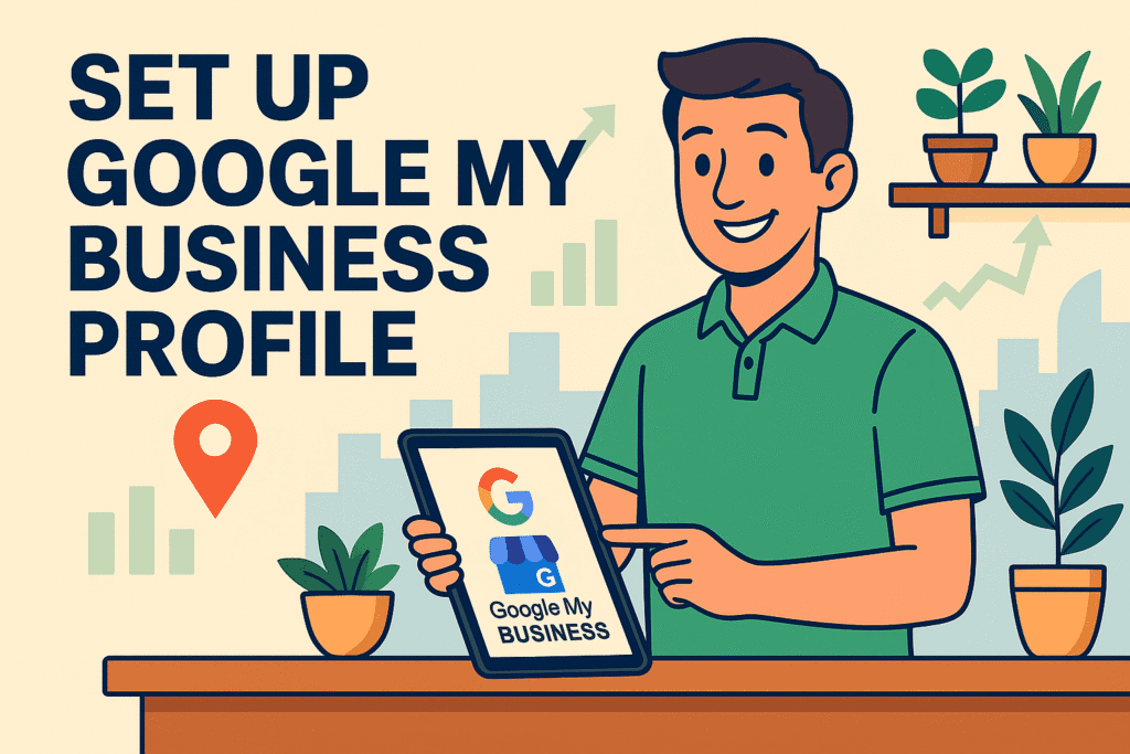 Business owner holding tablet to setup Google My Business profile with growth icons in background