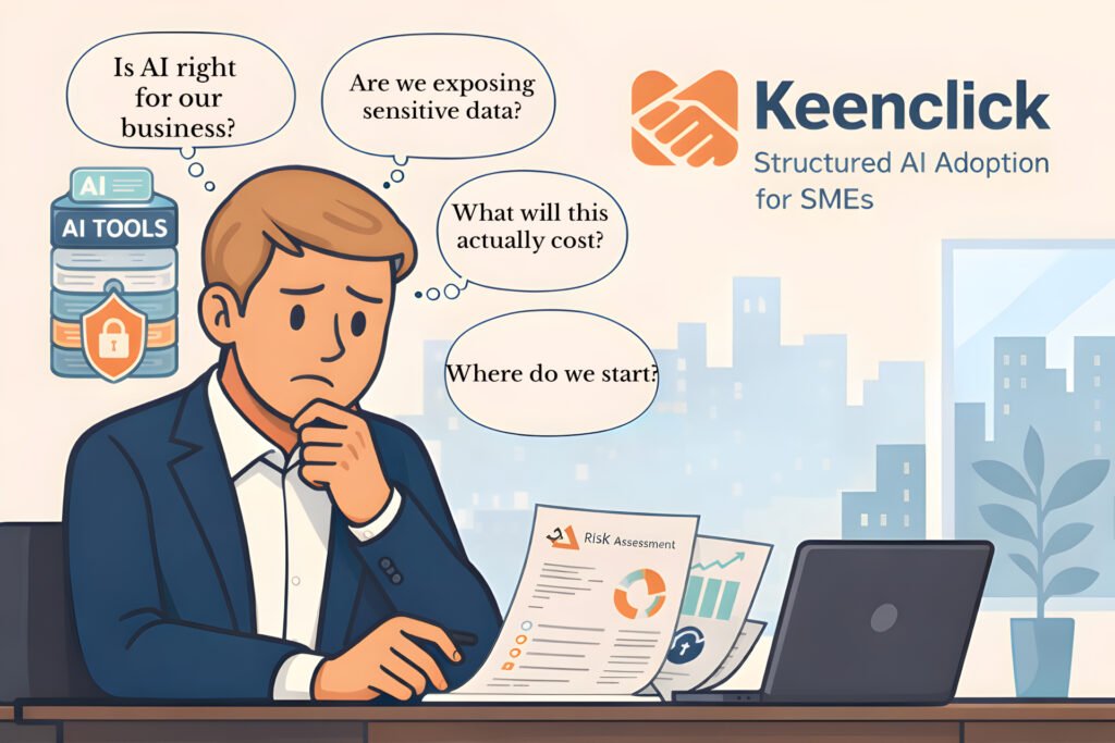 SME director reviewing AI risk assessment and structured AI adoption roadmap for small business