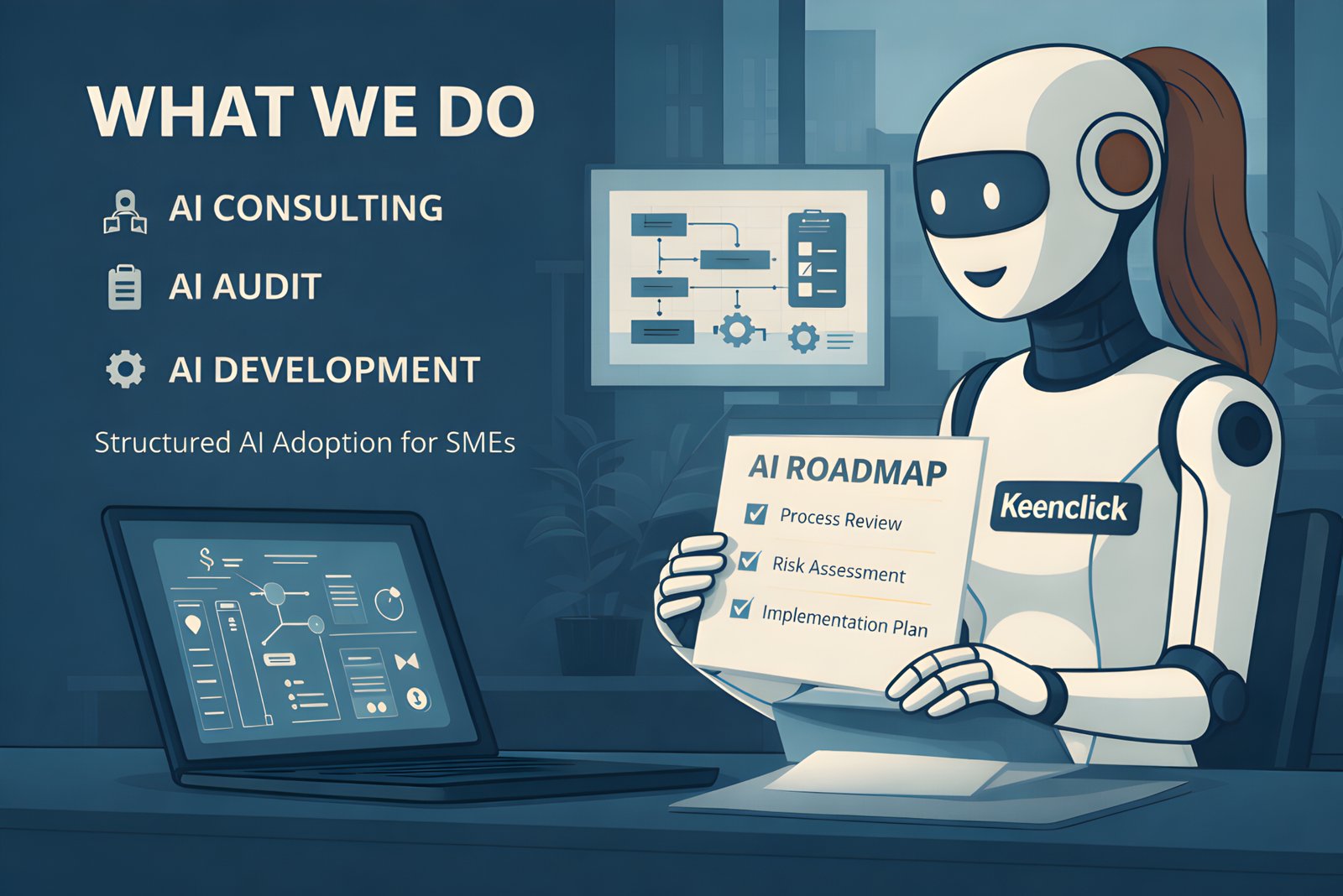 Illustration of AI consulting, AI audit and AI development services with structured AI roadmap for SMEs